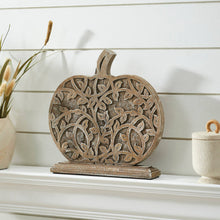 Load image into Gallery viewer, Harvest Vine Carved Wooden Pumpkin Natural 12x11x2
